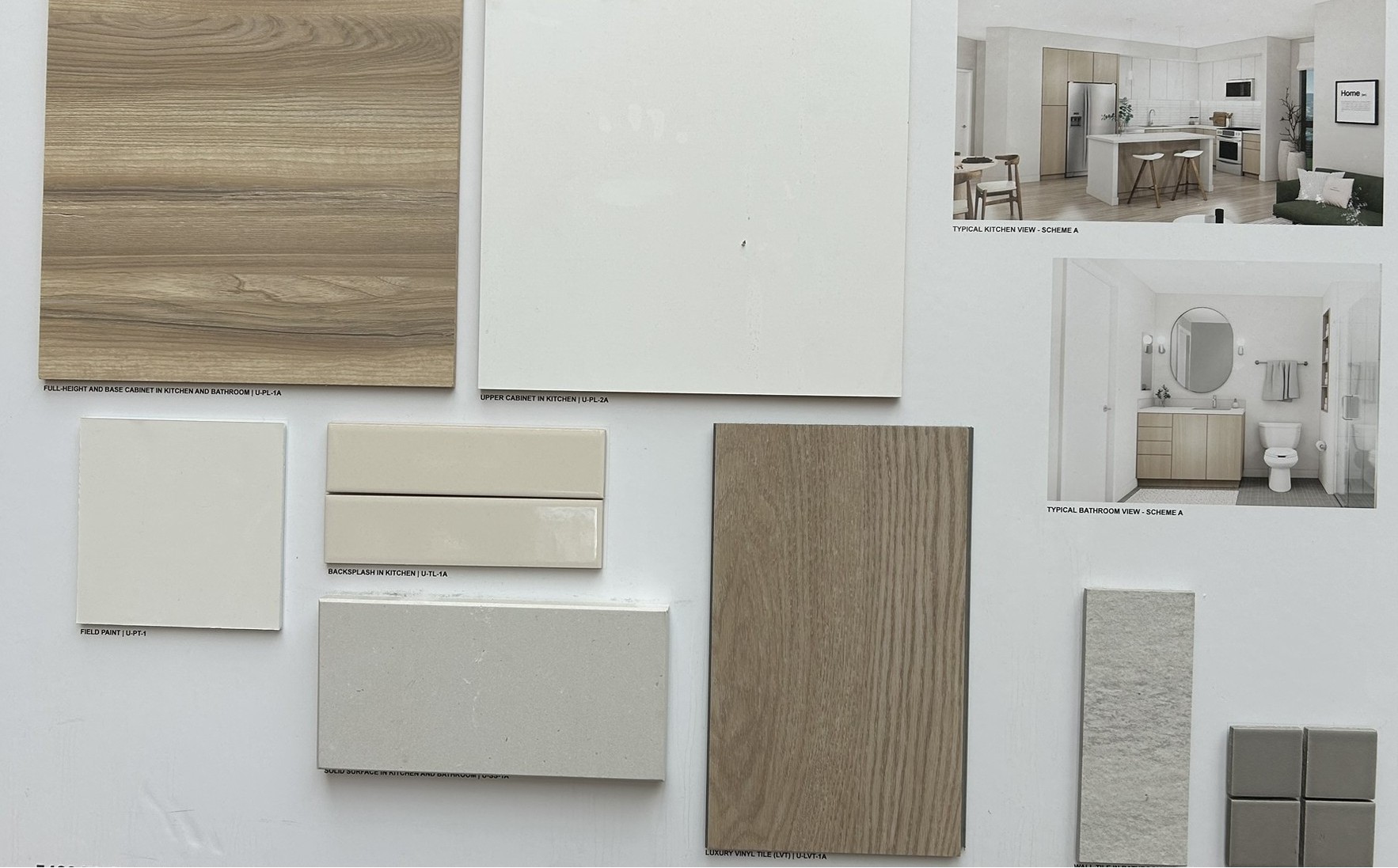 Material board. Finishes, panels, surface samples — every spec choice traceable to a controlled archive.