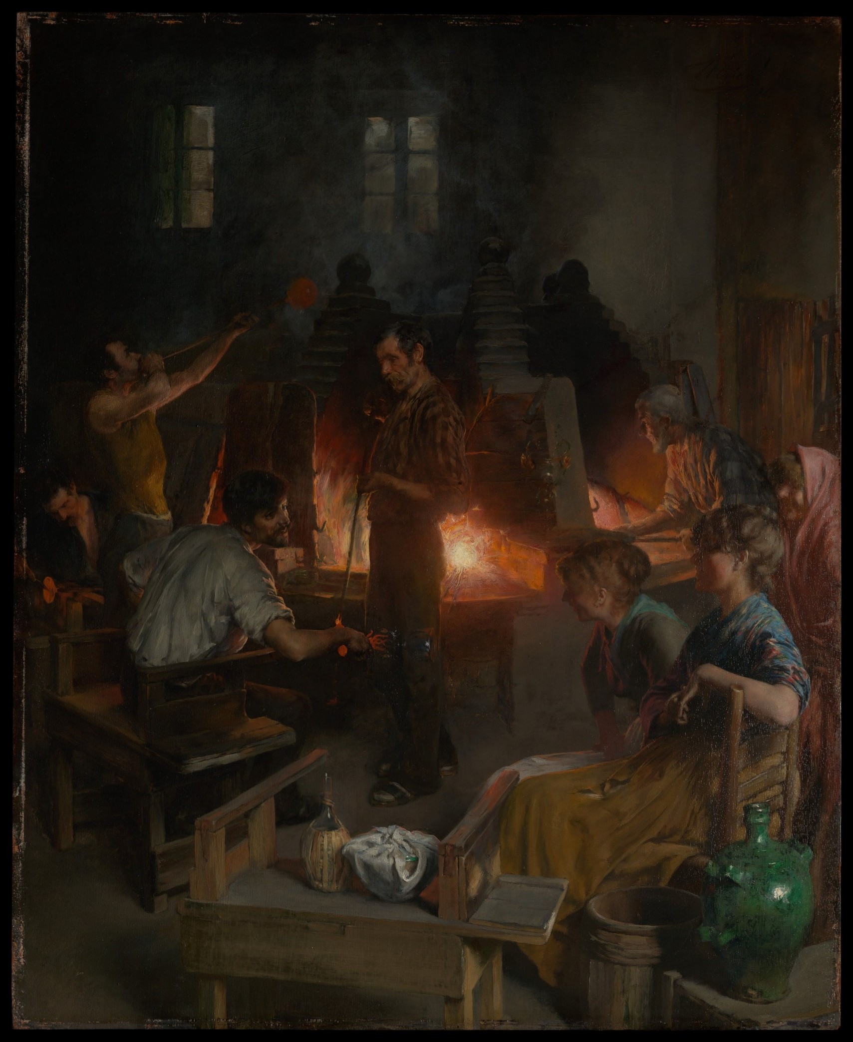 Glass masters at work around the furnace, in a period painting.